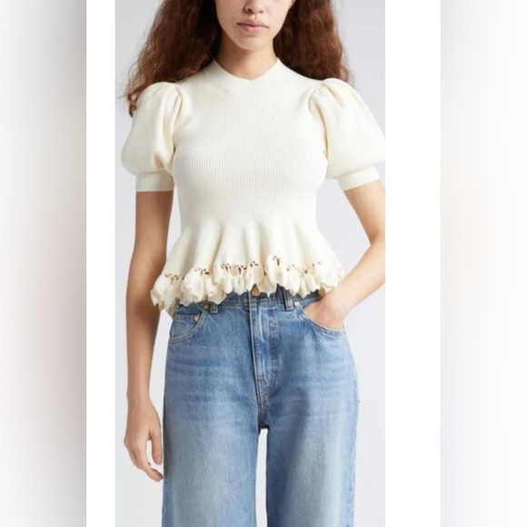 Ulla Johnson Esma Puff Sleeve Rib Top in Alabaster size small - Picture 2 of 9